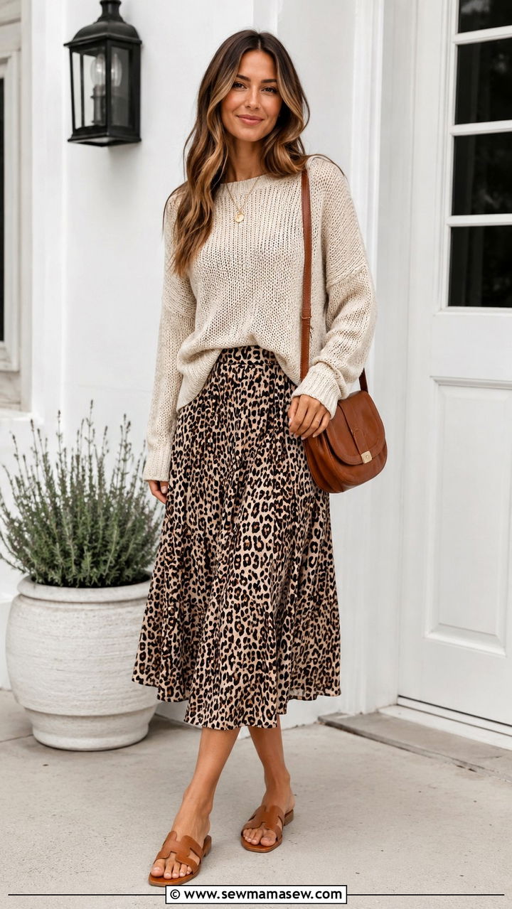 Relaxed Knit Sweater With Leopard Midi Skirt - 30 Early spring outfits