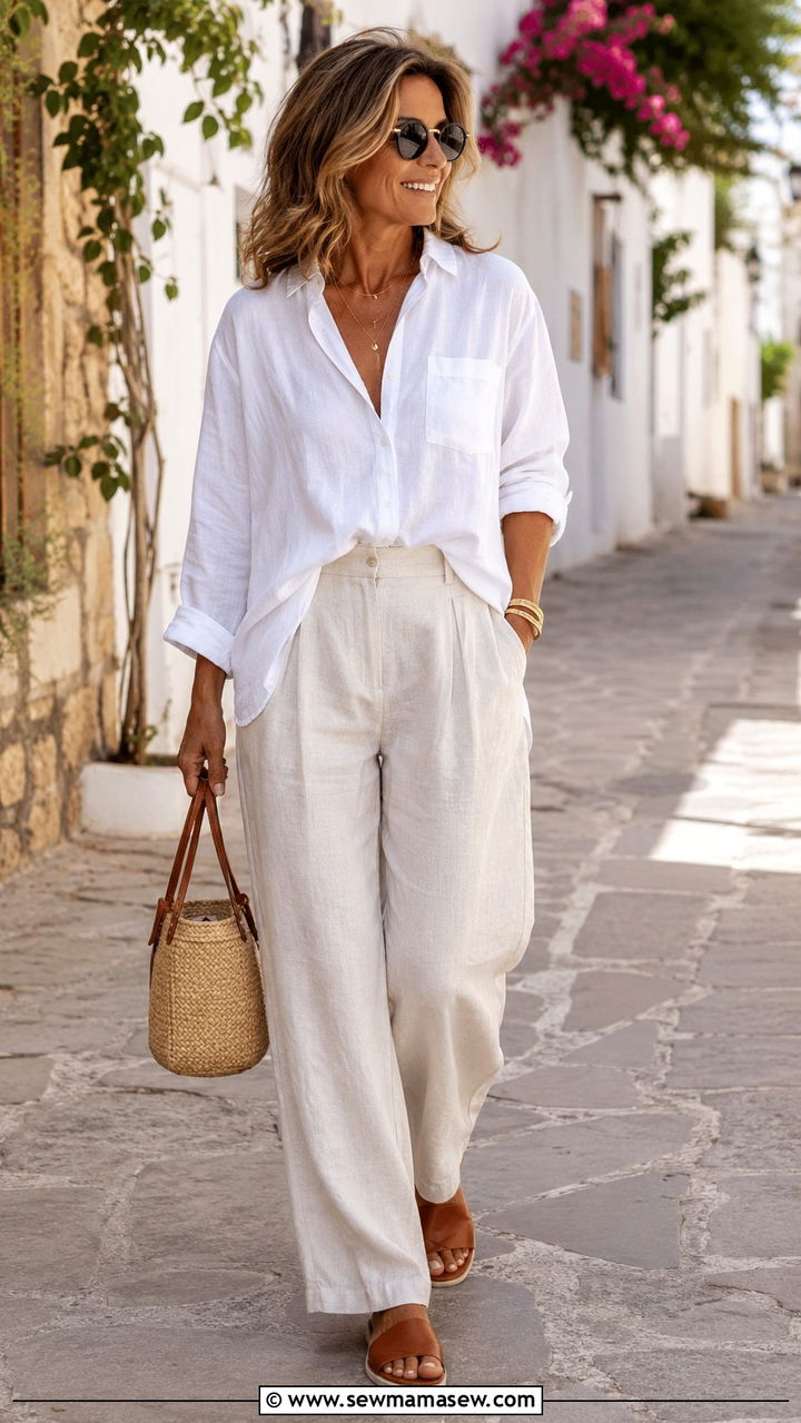 Relaxed Linen Button Down and Wide Leg Trousers - 30 boho chic outfit ideas for women over 40