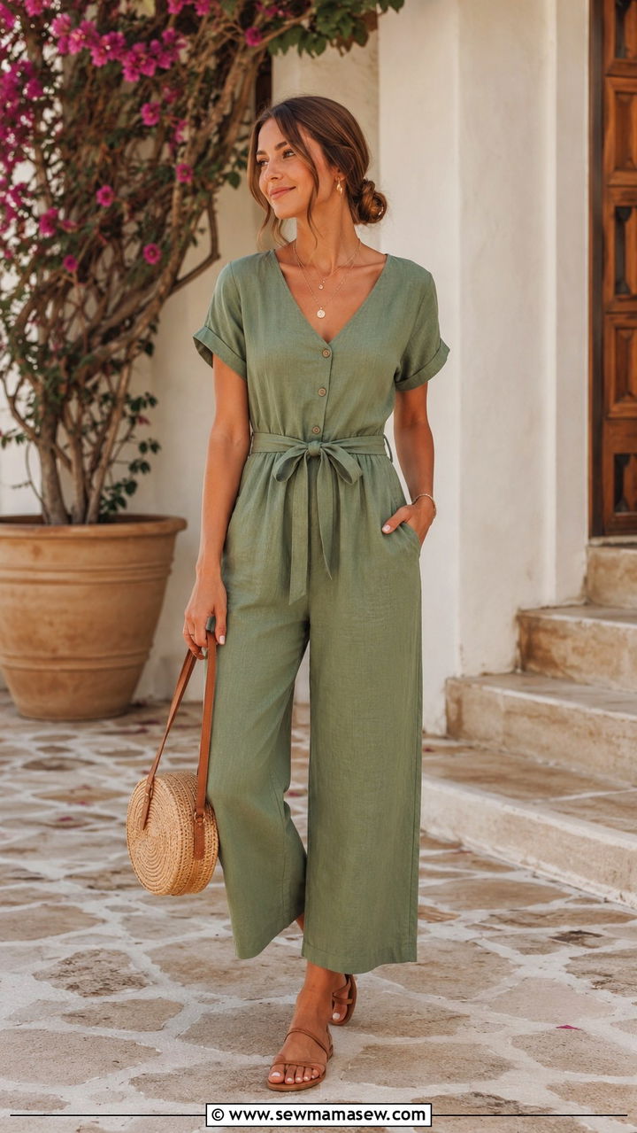 Relaxed Linen Jumpsuit With Waist Tie - 30 Modest outfit ideas boho