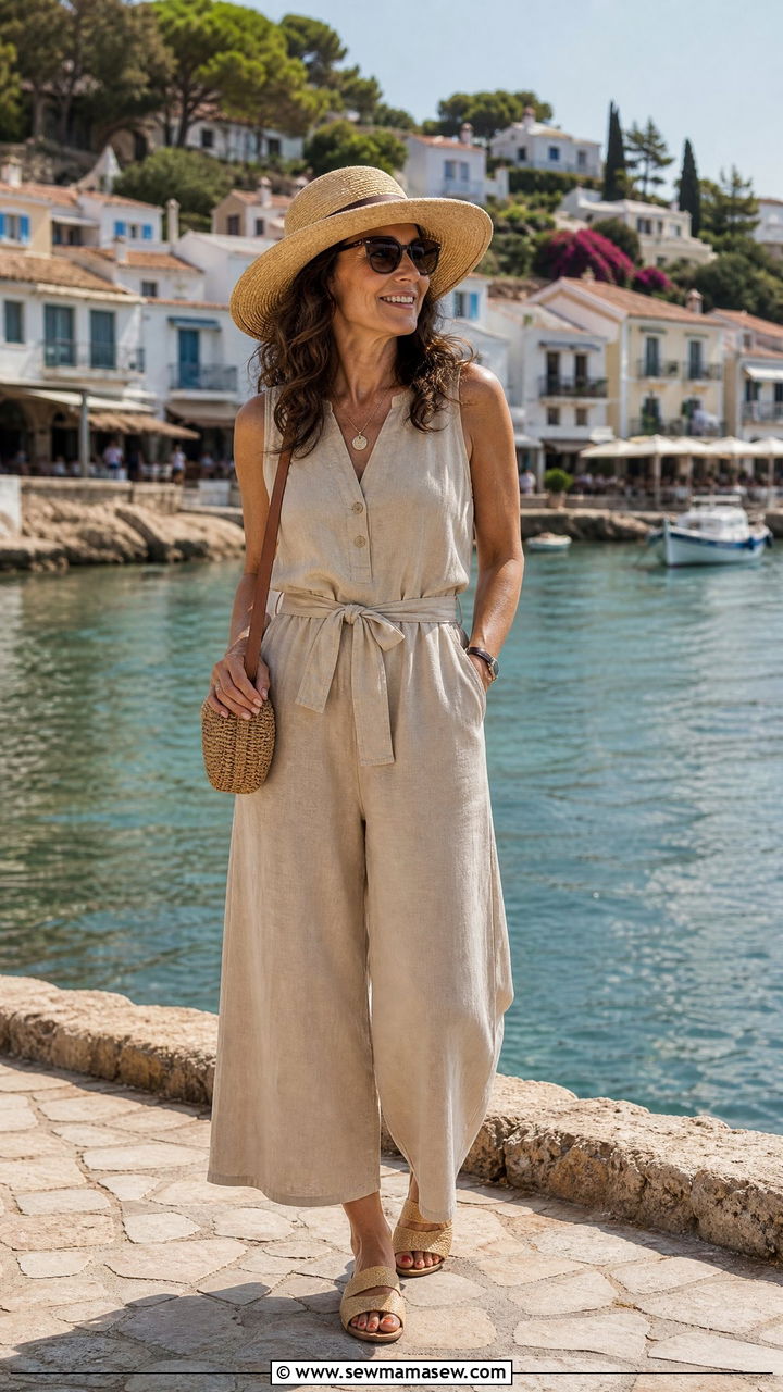 Relaxed Linen Jumpsuit and Raffia Sandals - 30 coastal grandmother outfit ideas for women over 40