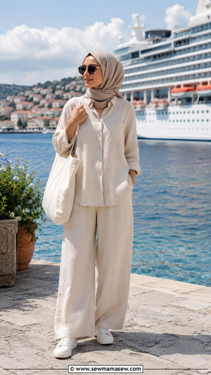 Relaxed Linen Set with Headscarf - 30 modest cruise outfit ideas