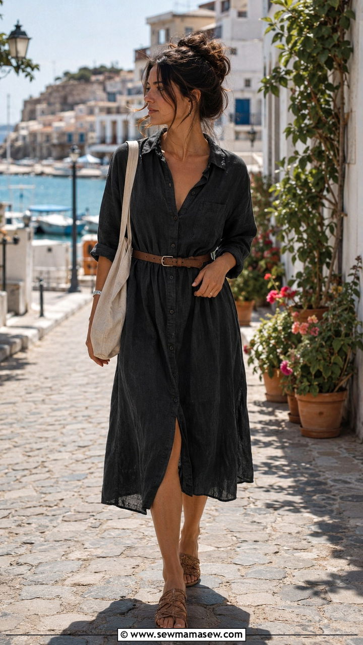 Relaxed Linen Shirt Dress With Woven Sandals and a Tote - 30 casual poetcore outfits