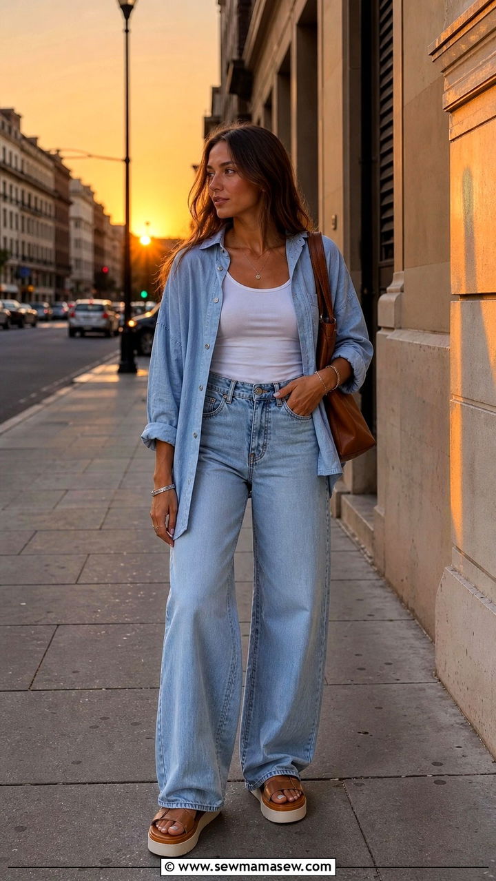 Relaxed Linen Shirt and Wide Leg Jeans Outfit - 40 Summer wardrobe staples