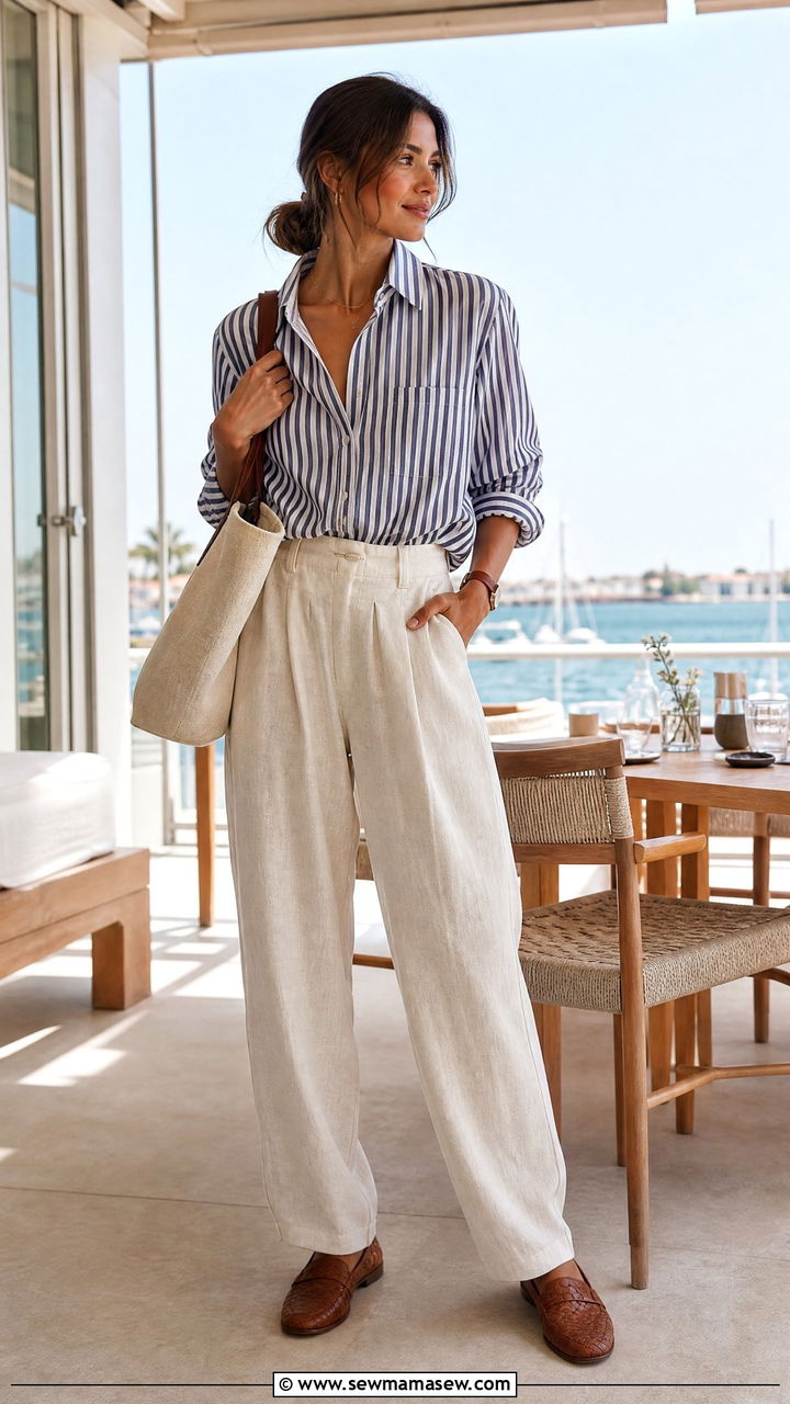 Relaxed Linen Trousers with a Striped Button Down and Woven Loafers - 25 Brunch outfit ideas with linen pants