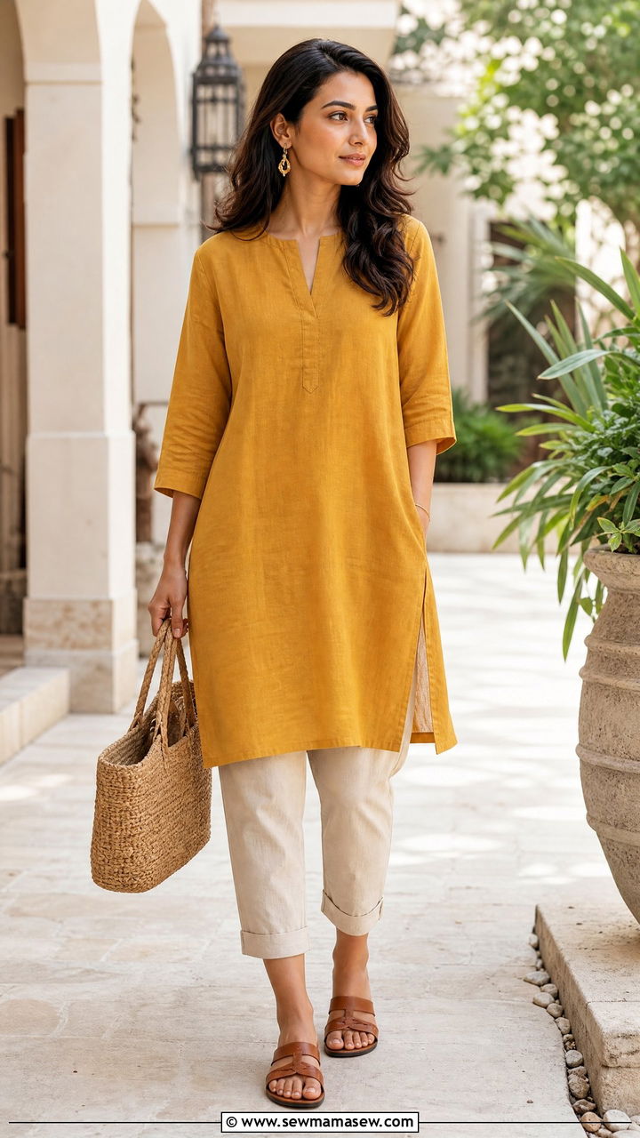 Relaxed Linen Tunic With Slim Crop Pants And Leather Sandals - 30 summer outfits for office women