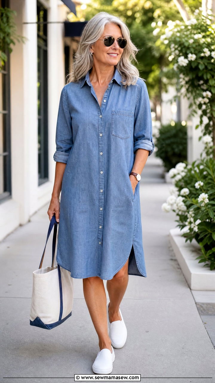 Relaxed Shirt Dress With Sneakers - 30 Summer outfits for women over 70