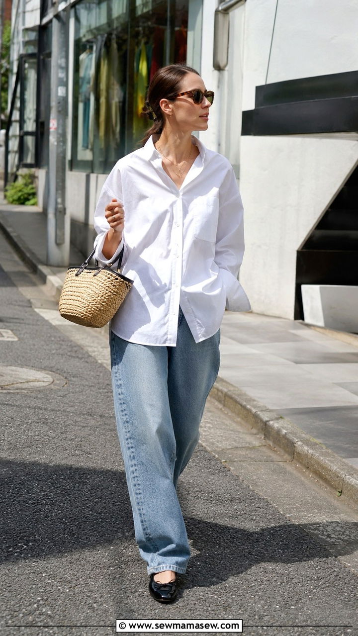Relaxed Straight Leg Jeans With Poplin Top and Ballet Flats - 30 Tokyo outfit ideas