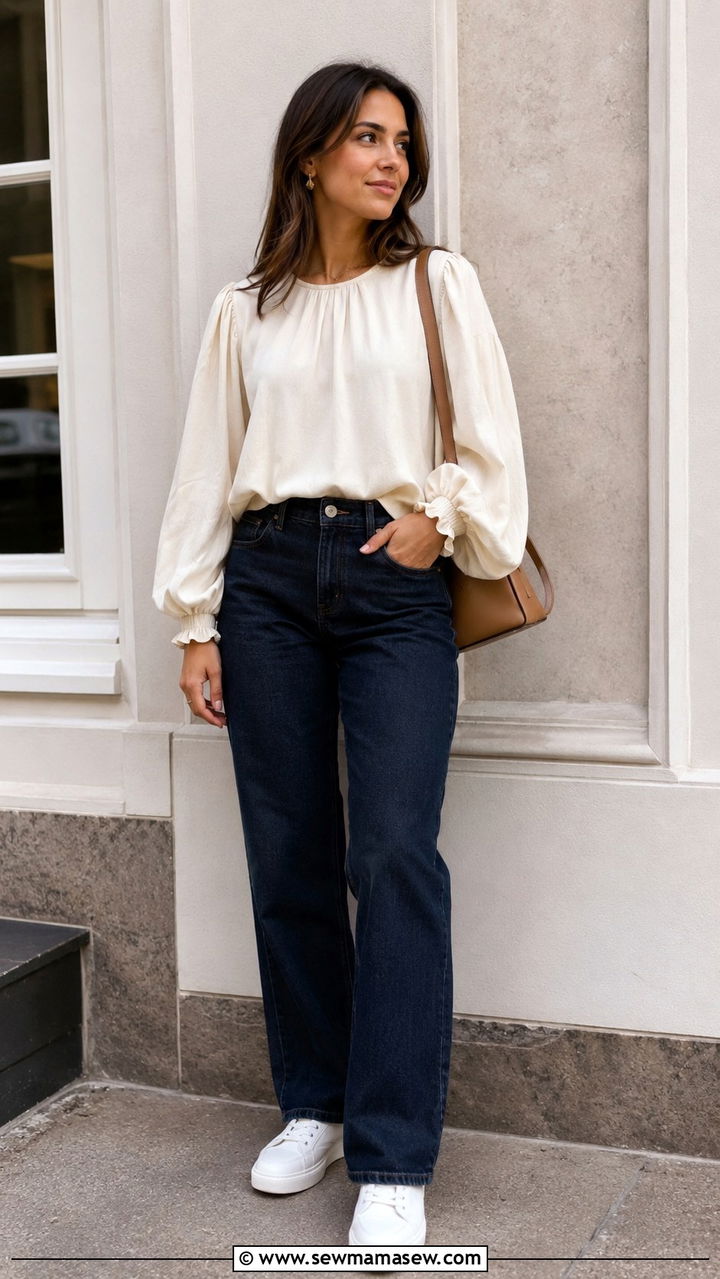 Relaxed Straight Leg Jeans with Voluminous Sleeve Blouse - 30 Modest outfit ideas 2026