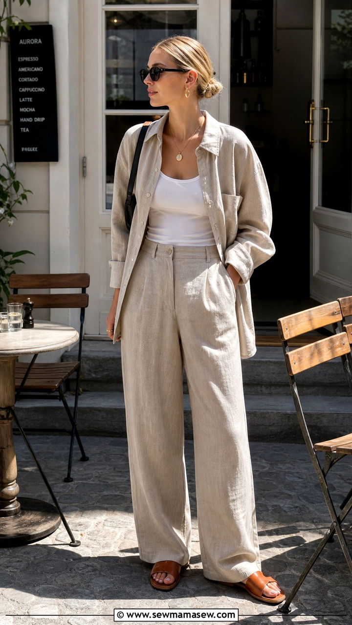 Relaxed Suit Trouser Set With Flat Leather Slides - 40 summer scandinavian outfits