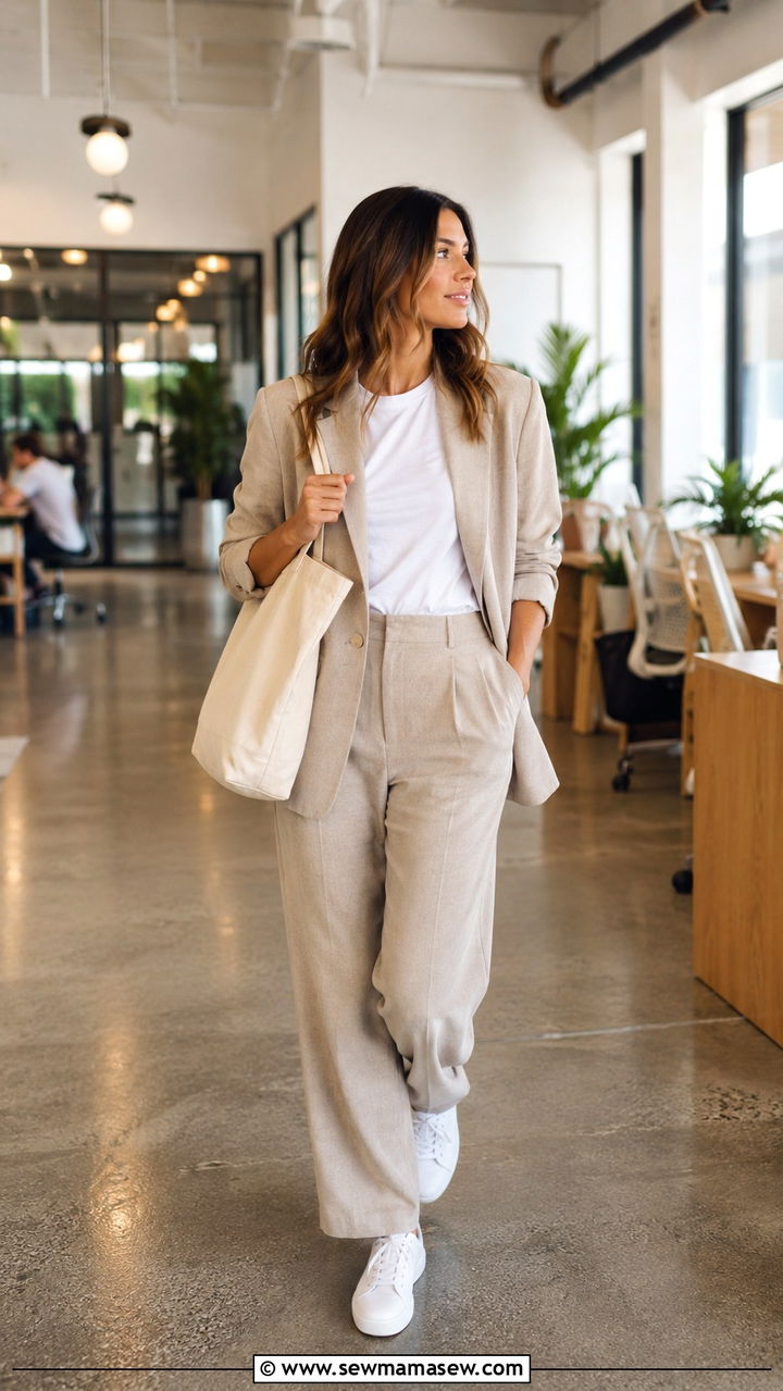 Relaxed Suit With T Shirt and Leather Sneakers - 30 transitional business casual outfits
