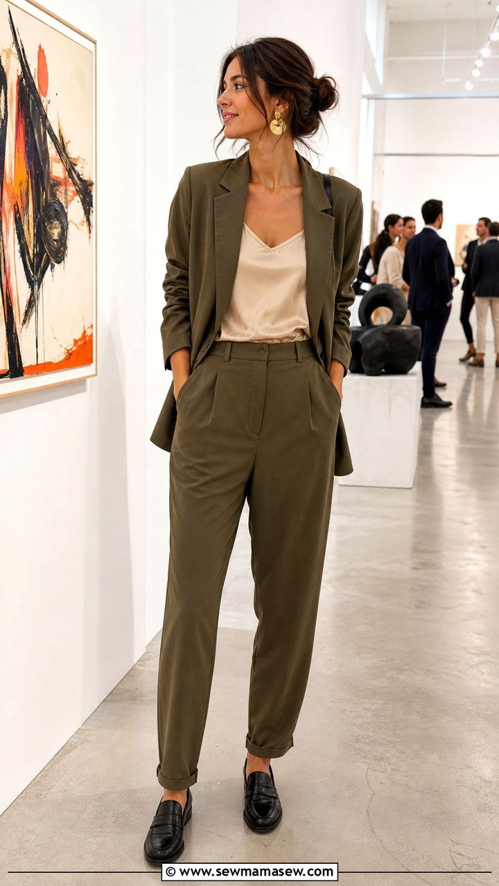 Relaxed Suit in Muted Olive With a Silk Camisole and Loafers - 20 Art gallery opening outfit ideas