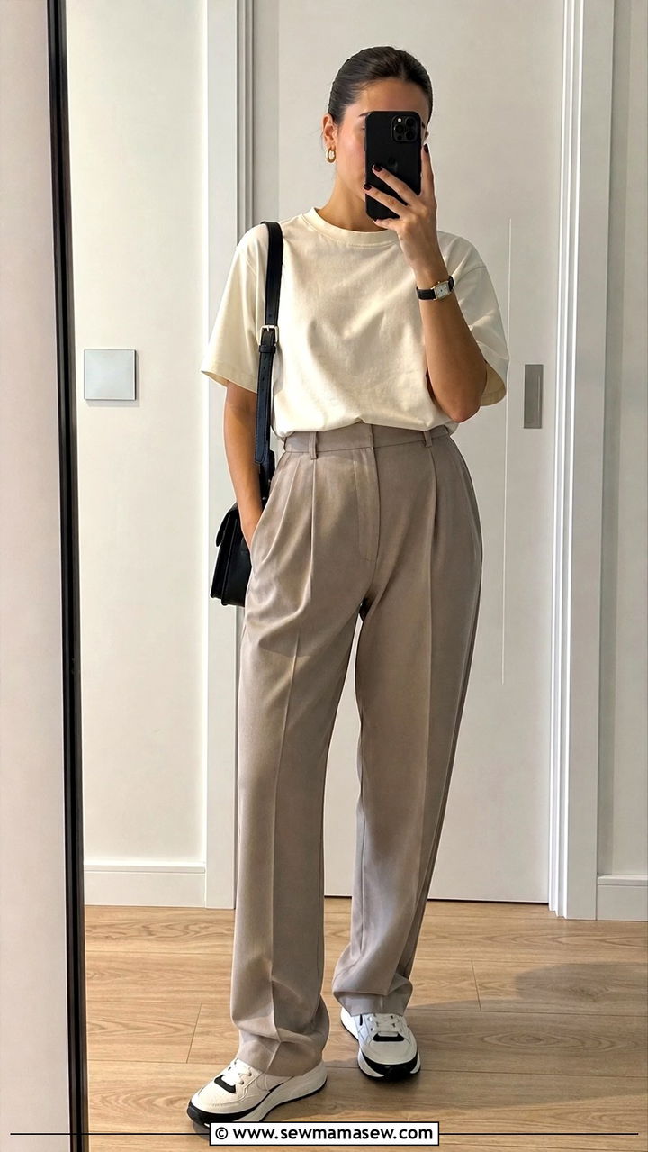 Relaxed T Shirt with High Waisted Trousers and Statement Sneakers - 40 Spring weekend outfit ideas