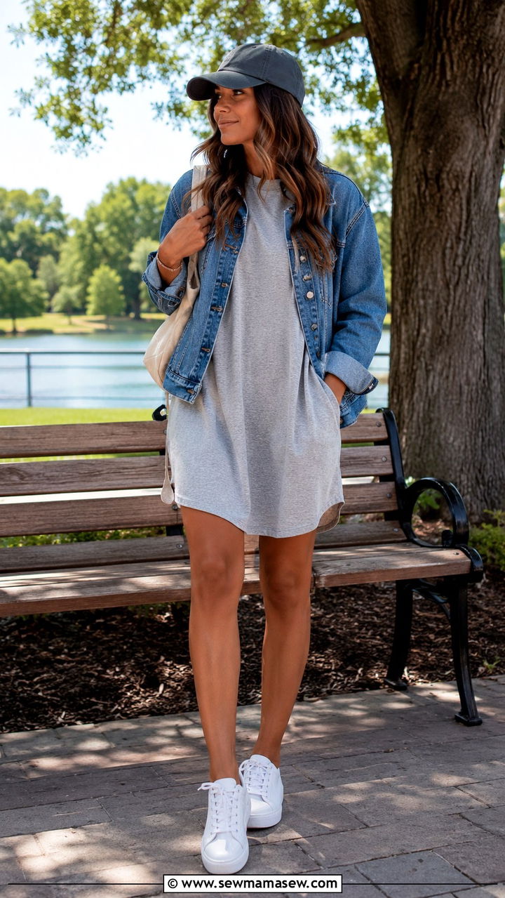 Relaxed Tee Dress with Denim Jacket - 20 Relaxed spring outfit ideas 2026