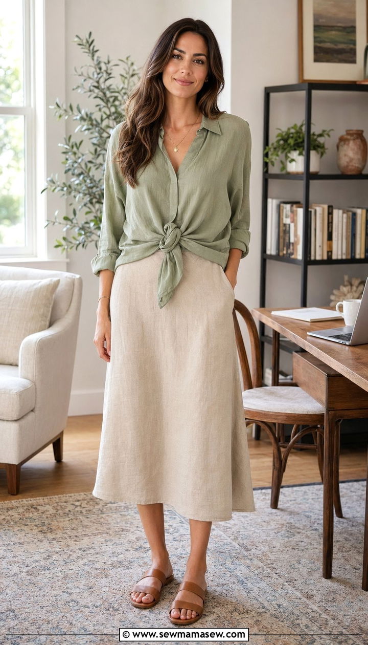 Relaxed Tie Front Blouse With Neutral Midi Skirt - 30 Zoom meeting outfit ideas