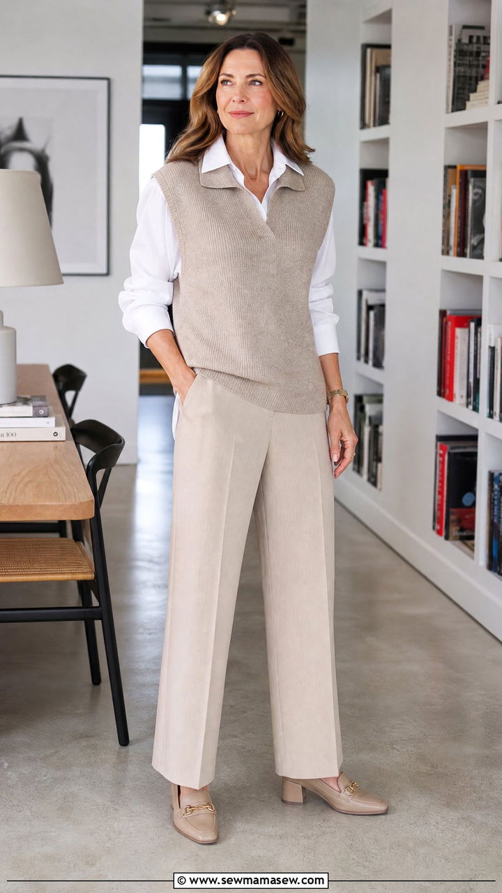 Relaxed Trousers With A Collared Vest - 35 Middle aged woman outfit ideas
