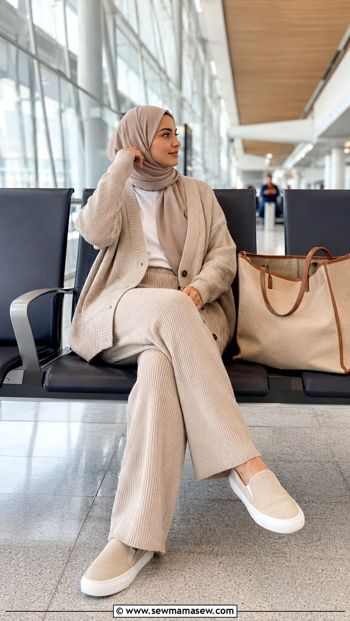 Relaxed Trousers With T Shirt And Knit Cardigan For Flight - 30 Modest travel outfit ideas