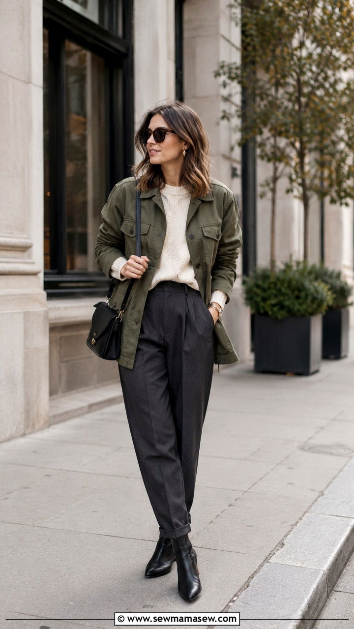Relaxed Utility Jacket With a Soft Knit and Charcoal Trousers - 30 Light jacket weather outfit ideas