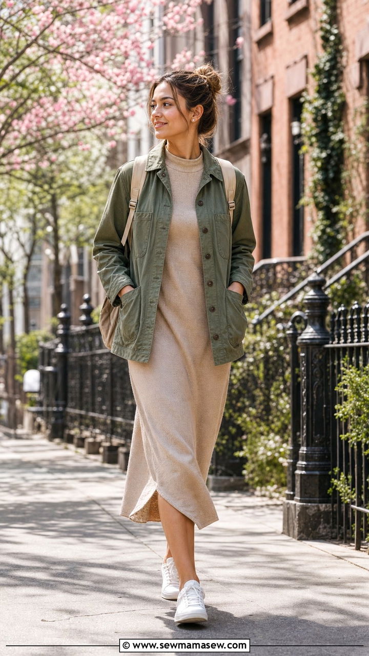 Relaxed Utility Jacket with Midi Dress - 25 Dressy casual spring outfit ideas 2026