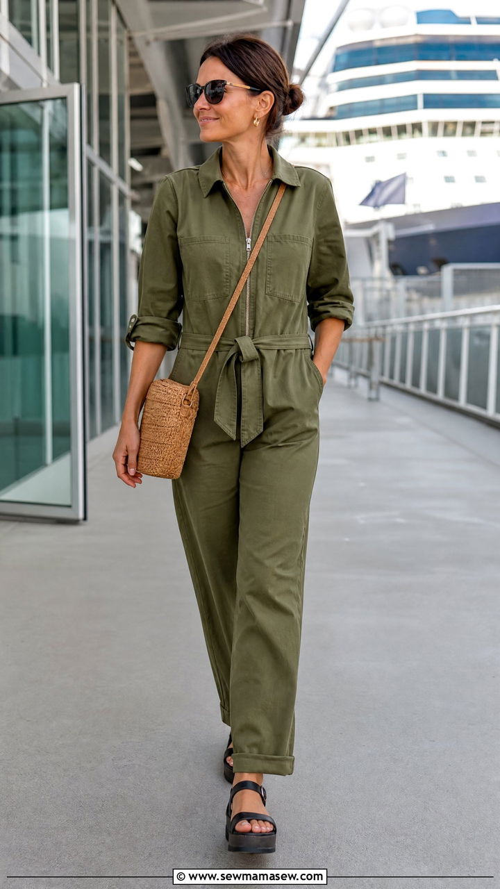 Relaxed Utility Jumpsuit With Platform Sandals - 30 Cruise embarkation outfit ideas