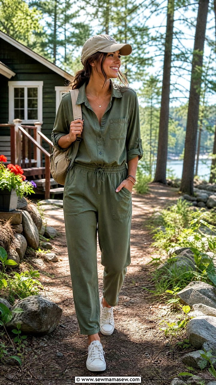 Relaxed Utility Jumpsuit with Canvas Sneakers - 30 Summer cottage outfits