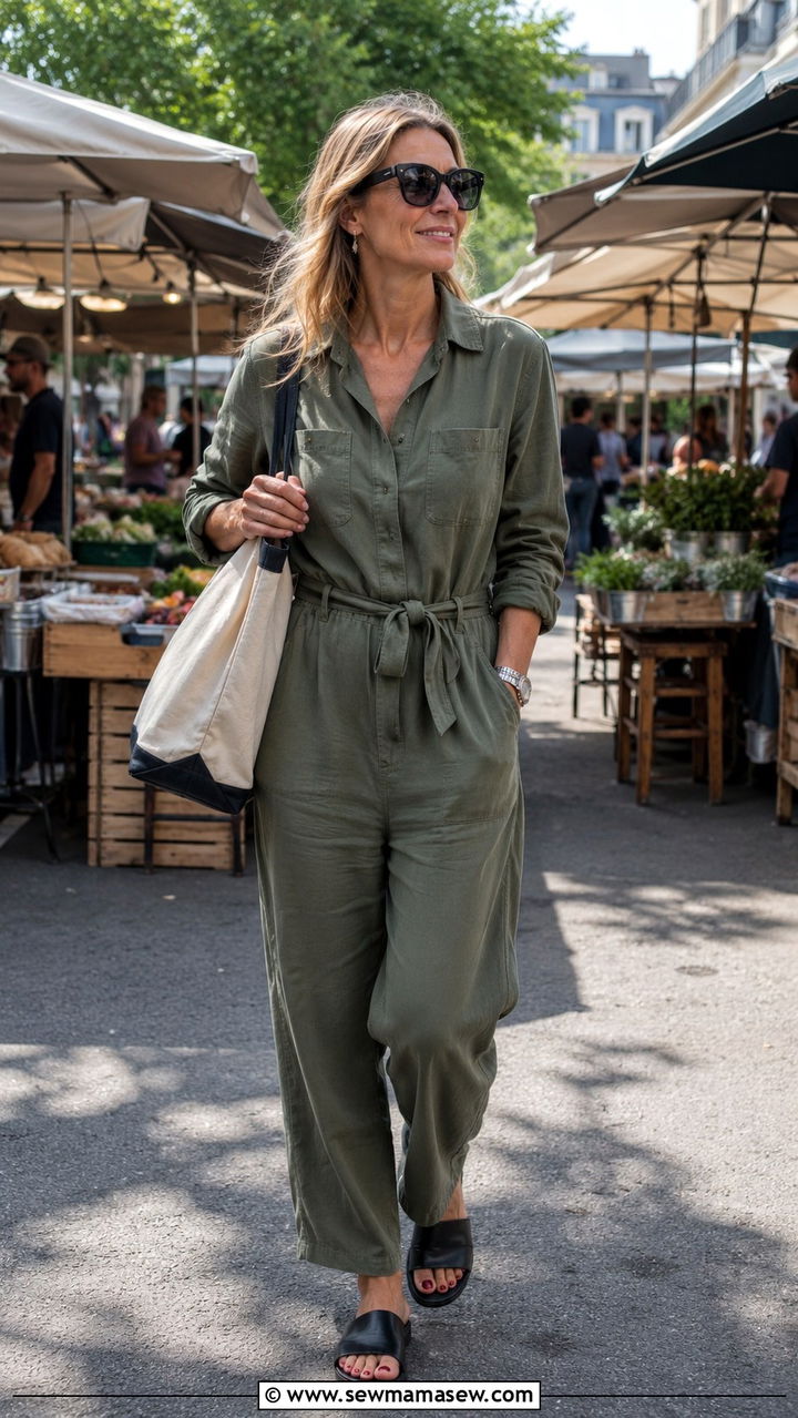 Relaxed Utility Jumpsuit with Sandals and a Canvas Tote - 30 scandinavian outfit ideas for women over 40