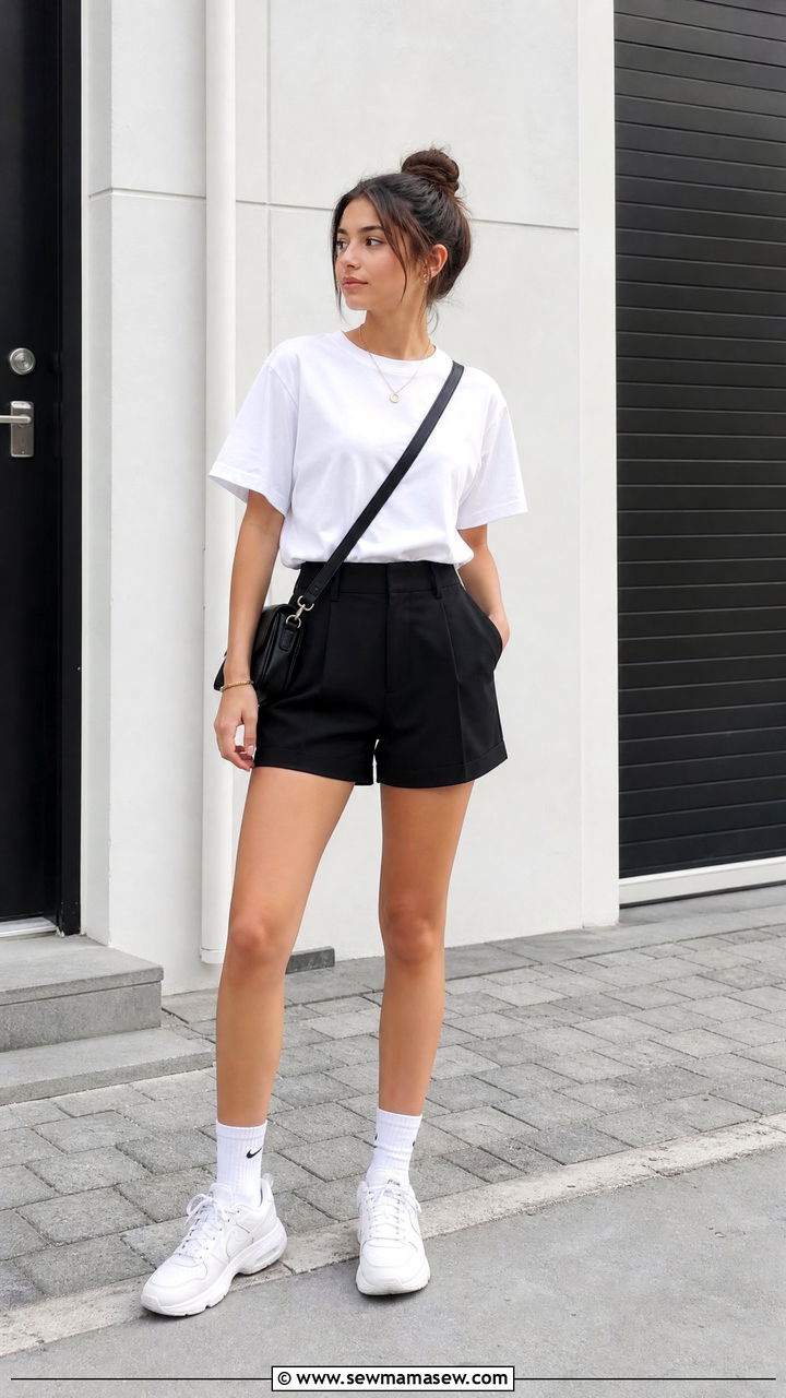 Relaxed White Tee with Tailored Black Shorts - 30 Cute outfits for teen girls