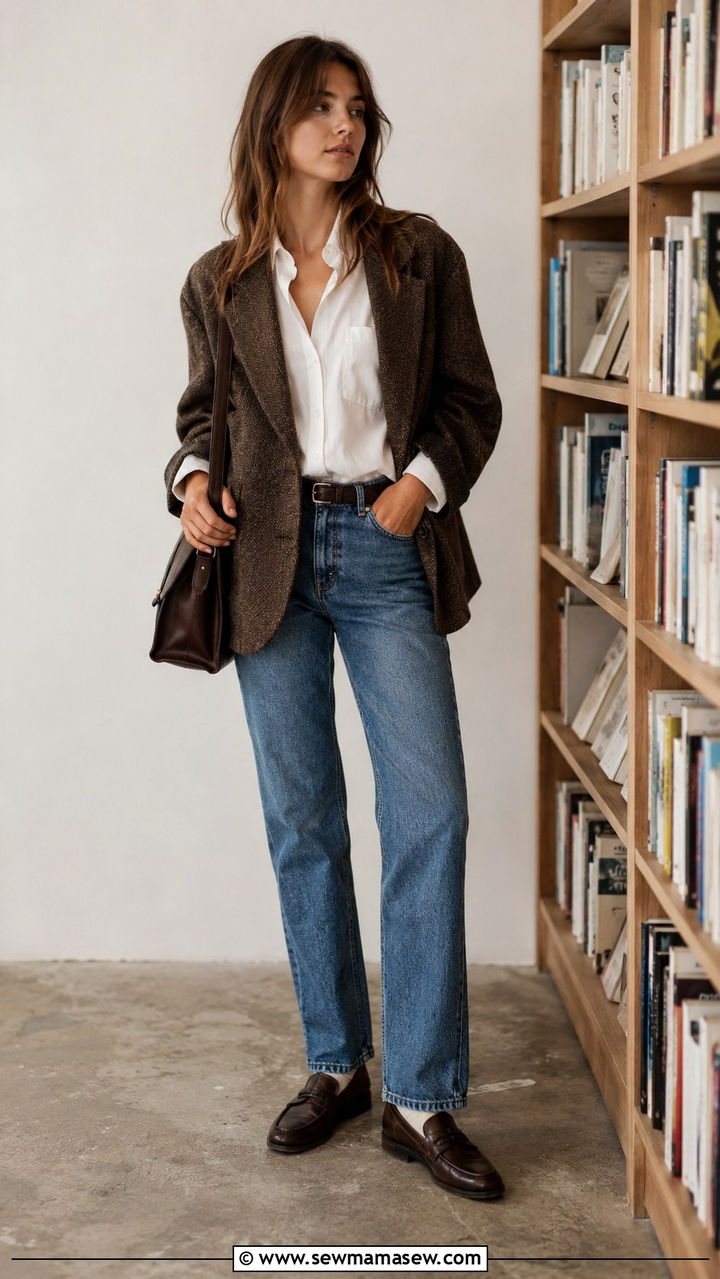 Relaxed Wool Blazer With White Button Down and Straight Leg Jeans - 20 Poetcore outfit ideas Dead Poets Society vibe