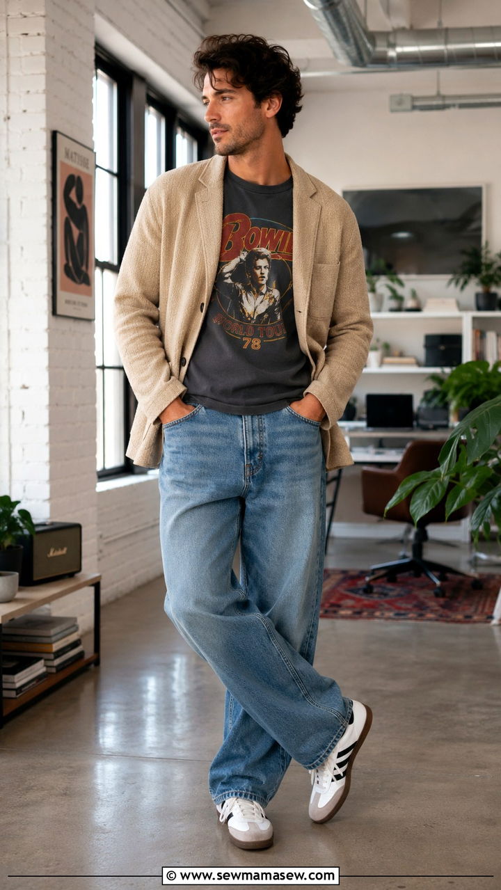 Relaxed blazer and graphic tee with jeans remote work look - 30 Remote worker outfit ideas