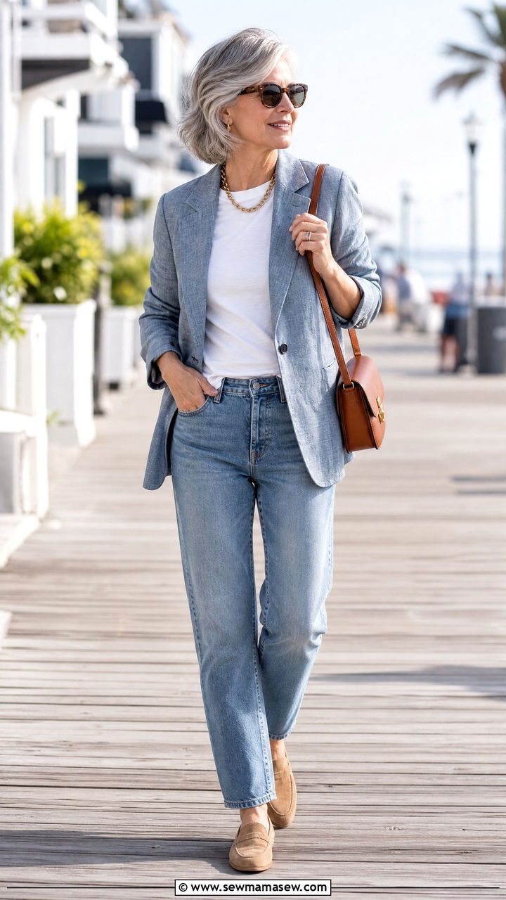 Relaxed blazer and straight leg jeans outfit - 30 Coastal grandmother outfits for women over 60