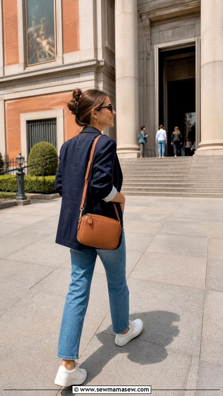 Relaxed blazer with a simple white tee and straight jeans for sightseeing - 40 What to wear in Madrid