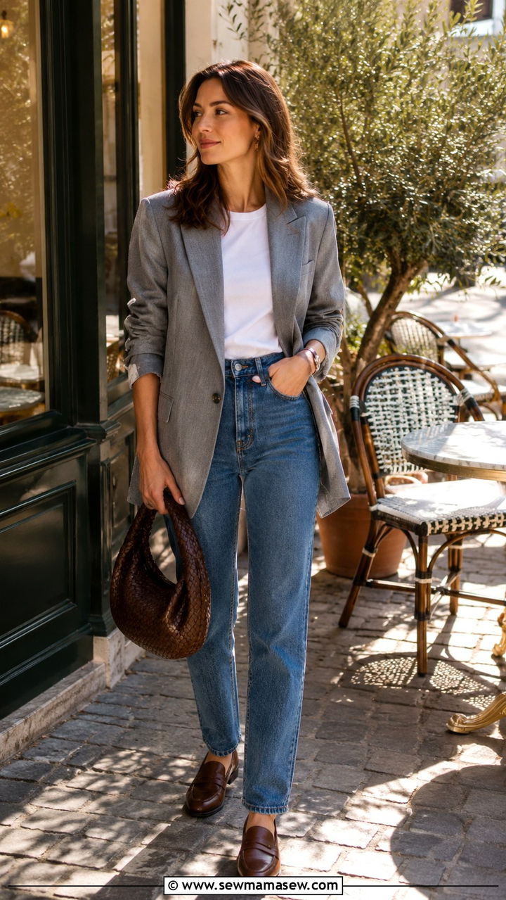 Relaxed blazer with a white tee straight leg jeans and loafers - 30 spring city break outfit ideas