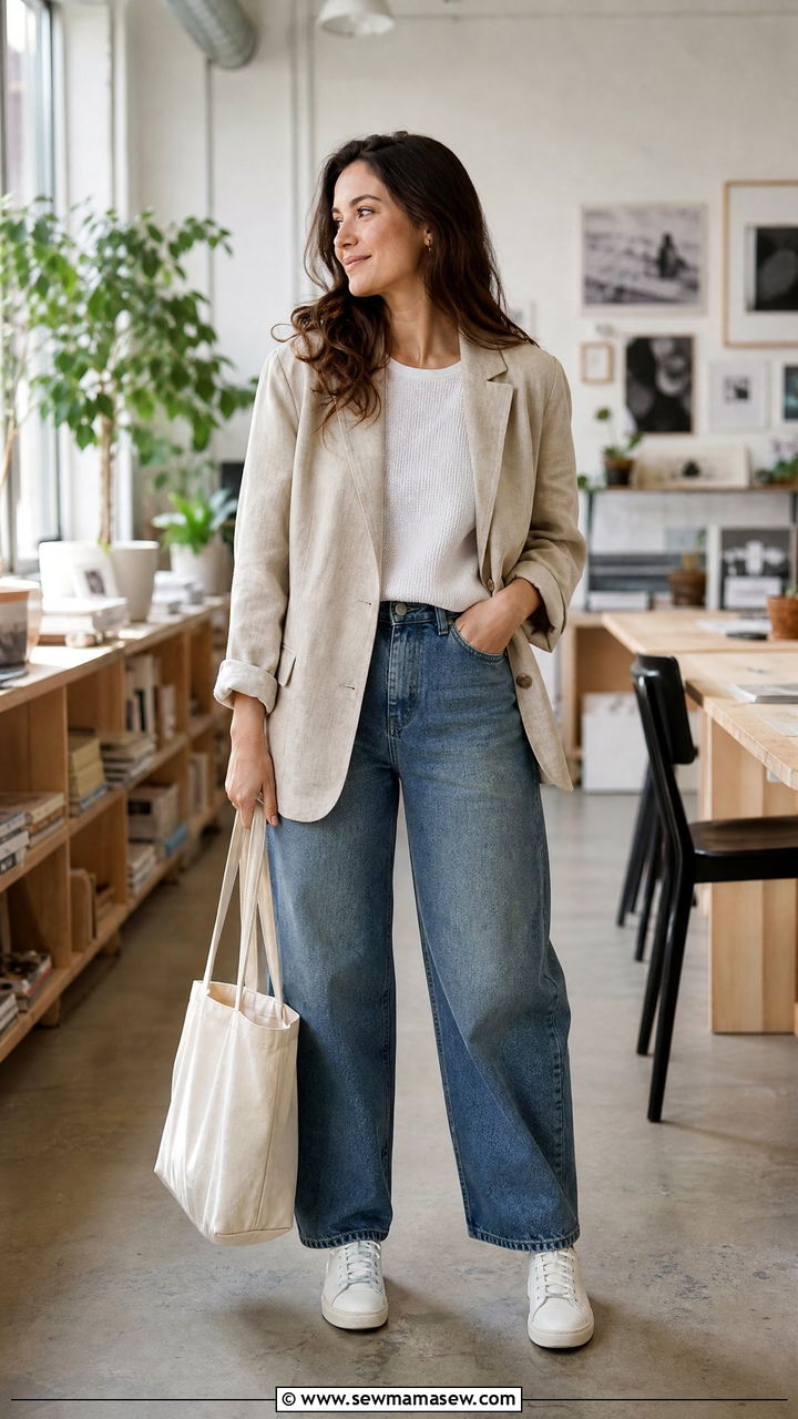 Relaxed blazer with barrel leg jeans and sneakers - 25 Business casual outfits with jeans