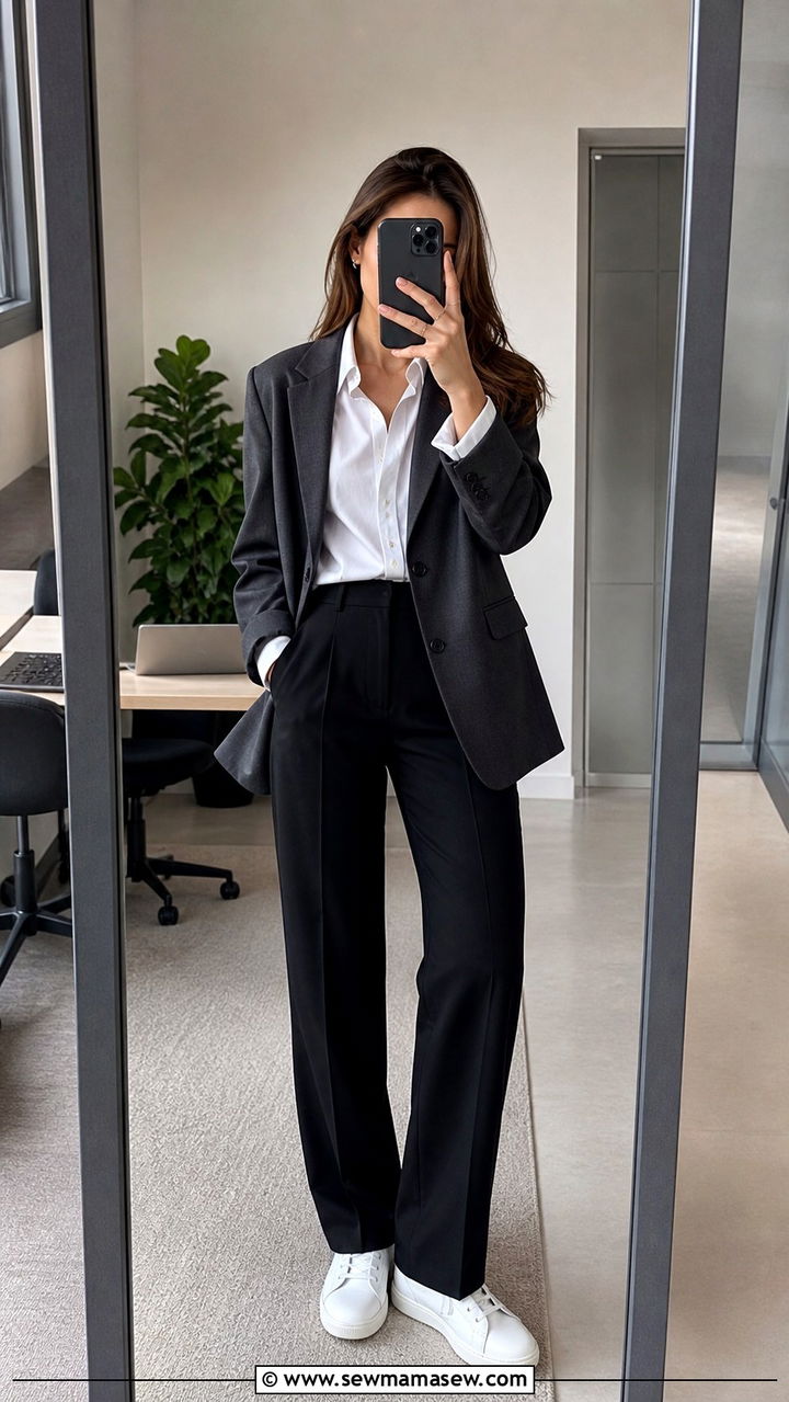 Relaxed blazer with tailored trousers work look - 40 office outfits 2026