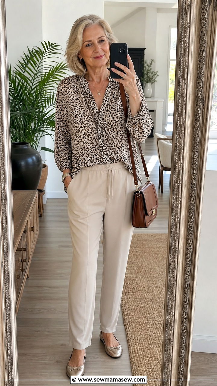 Relaxed blouse with pull on trousers outfit - 20 60 year old woman outfit ideas