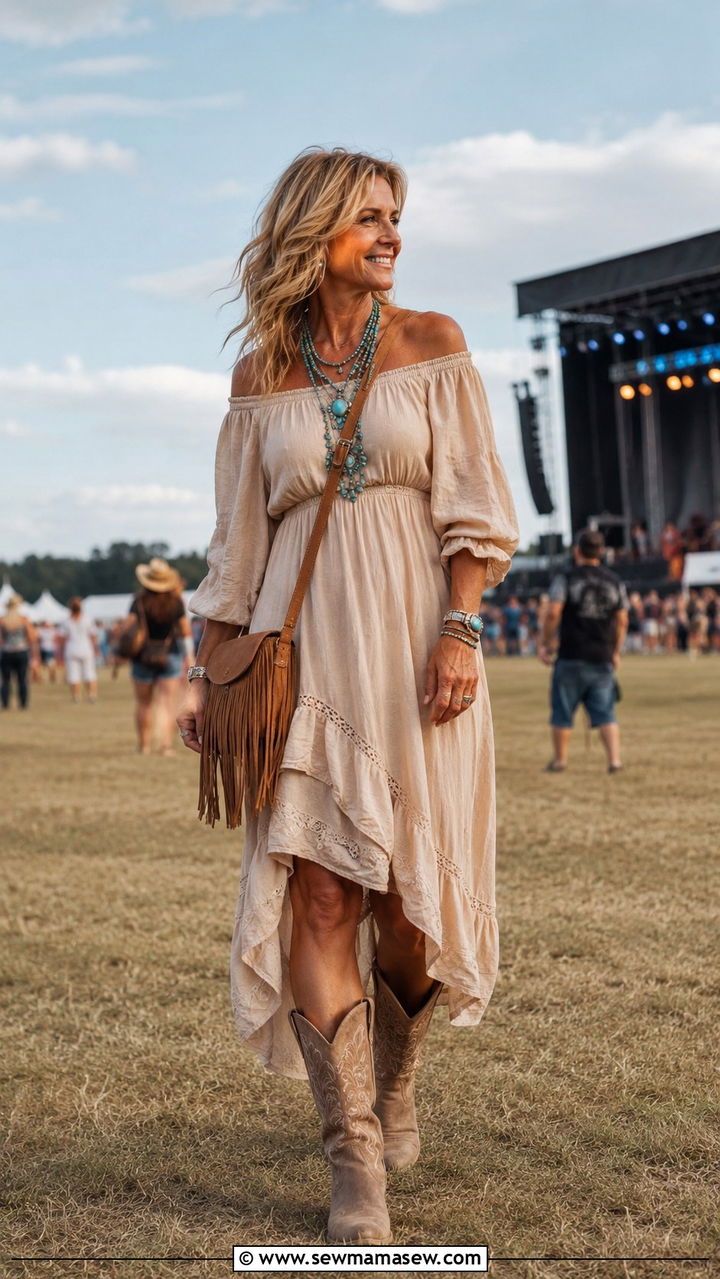 Relaxed boho dress with cowboy boots - 30 Boho outfits for women over 50