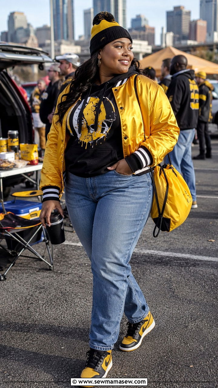 Relaxed bomber jacket with graphic hoodie and straight jeans outfit - 30 Plus size tailgate outfit ideas