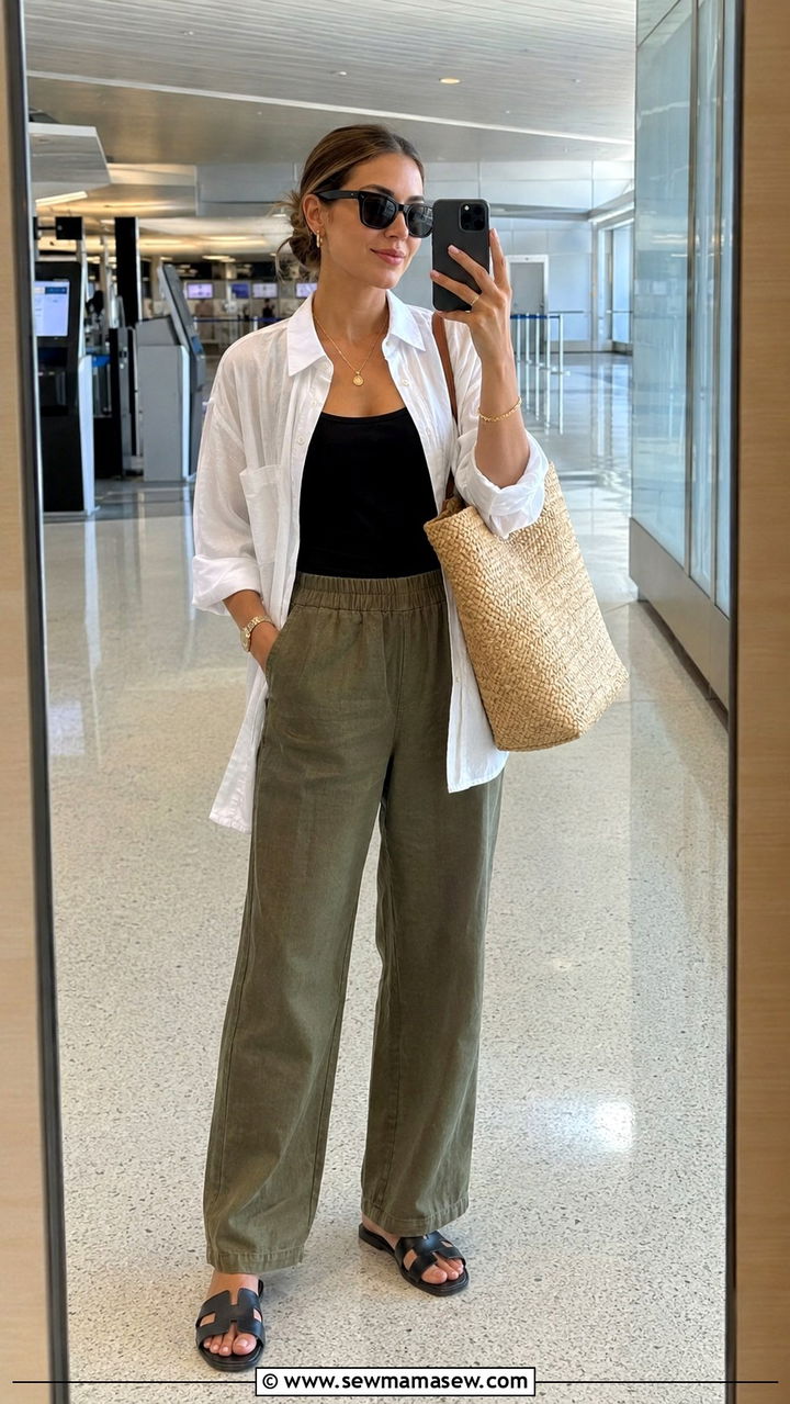 Relaxed button down shirt over a tank with elastic waist trousers - 30 Loungewear outfit ideas for airport