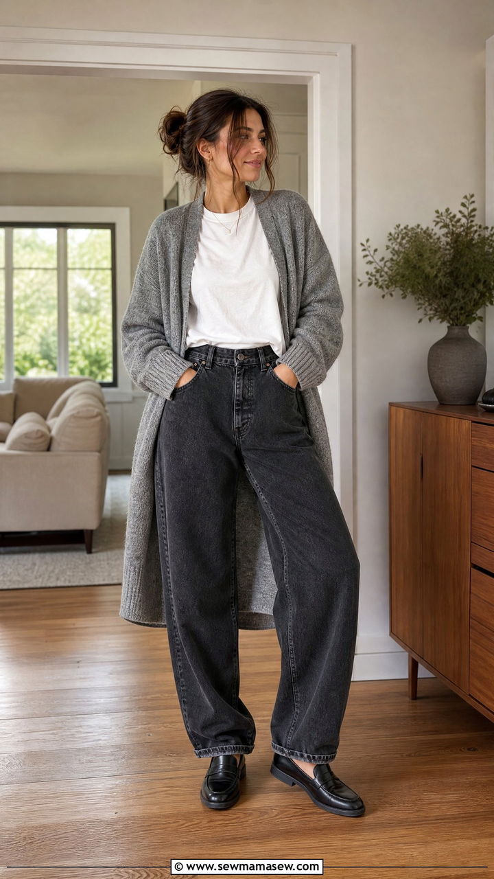 Relaxed cardigan and high waisted baggy jeans with loafers - 30 High waisted jeans outfit ideas with loafers