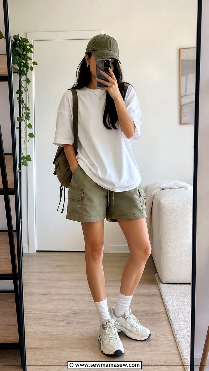 Relaxed cargo shorts with oversized white tee - 40 Summer outfit ideas 2026