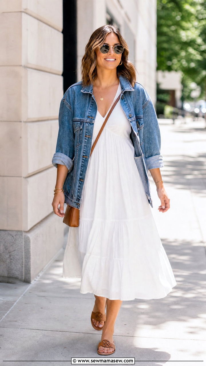 Relaxed denim jacket and flared midi dress outfit for broad shoulders - 25 Outfits for broad shoulders