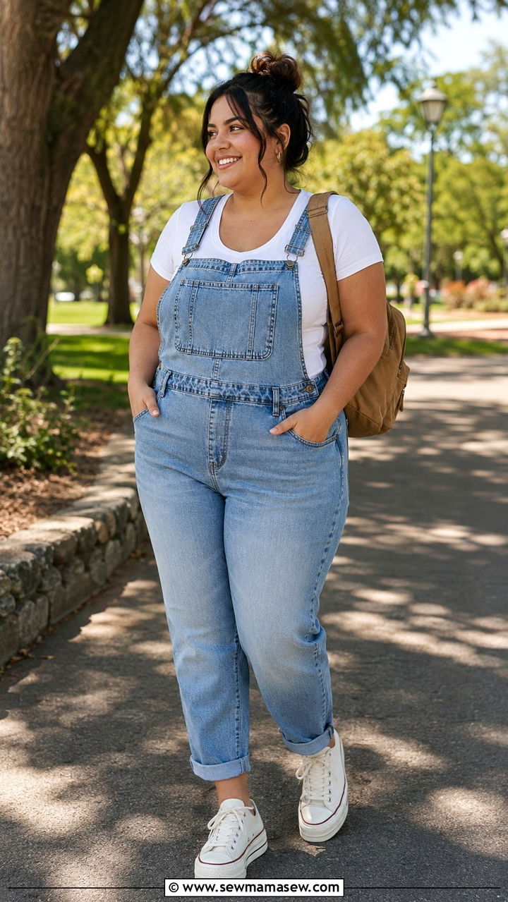 Relaxed denim overalls with fitted tee - 30 Petite plus size outfit ideas