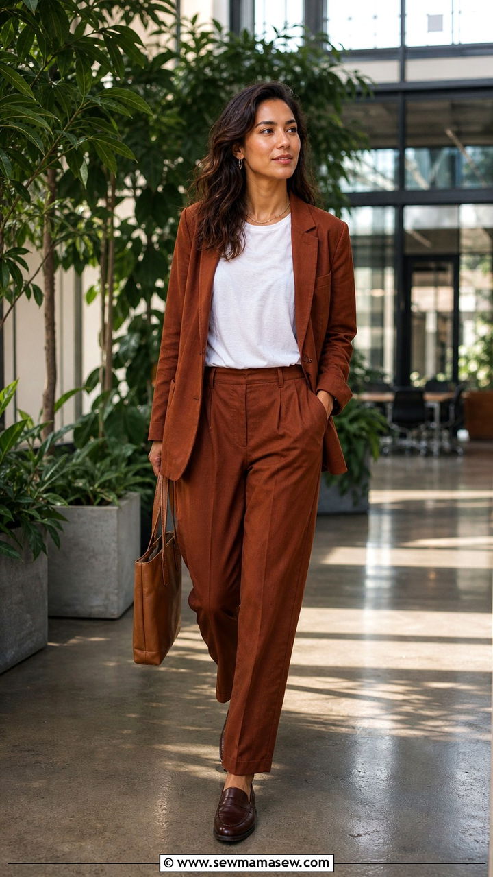 Relaxed earth tone suit with simple tee and loafers - 40 casual office outfits