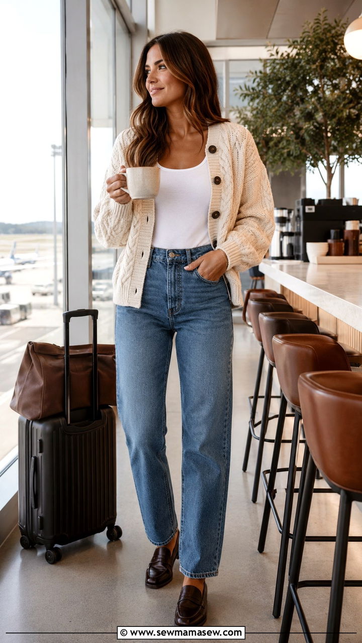 Relaxed fit jeans and cardigan outfit - 25 Airport outfit ideas for business class