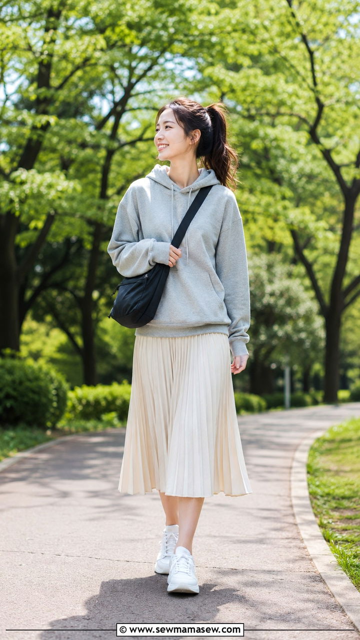 Relaxed hoodie and pleated midi skirt with sneakers - 20 Low key spring outfit ideas 2026