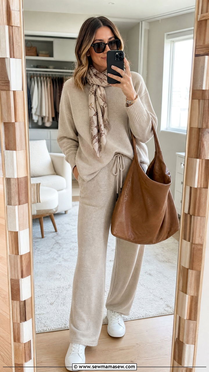 Relaxed knit two piece set with lightweight scarf - 20 Spring outfits for 60-70 degree weather