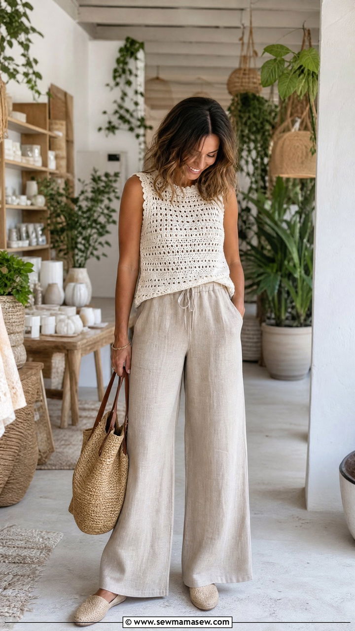 Relaxed linen trousers and a crochet knit top - 40 Spring shopping outfit ideas