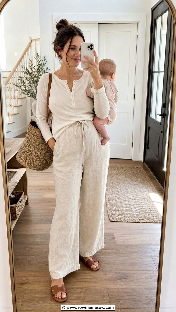 Relaxed linen trousers with henley nursing top and leather slides - 20 4th trimester outfit ideas