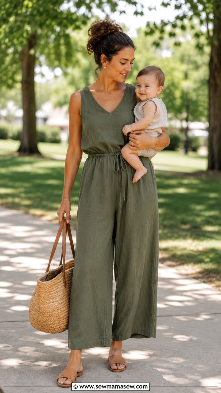 Relaxed sleeveless jumpsuit with minimal sandals and a straw tote - 30 Postpartum outfit ideas summer
