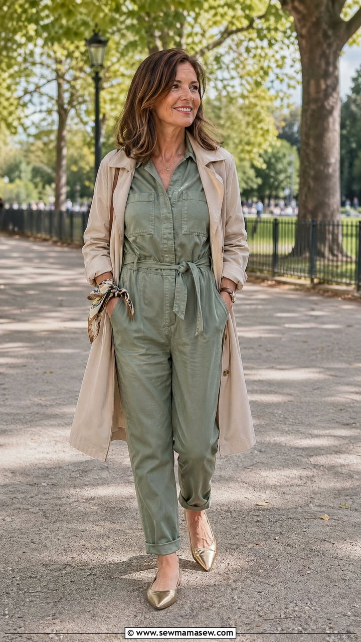 Relaxed trench with neutral jumpsuit - 35 French girl outfit ideas for women over 40