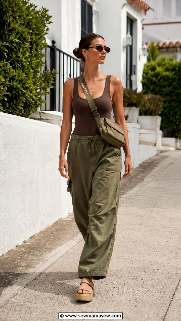 Relaxed utility trousers and a fitted bodysuit - 30 Tall women spring outfit ideas